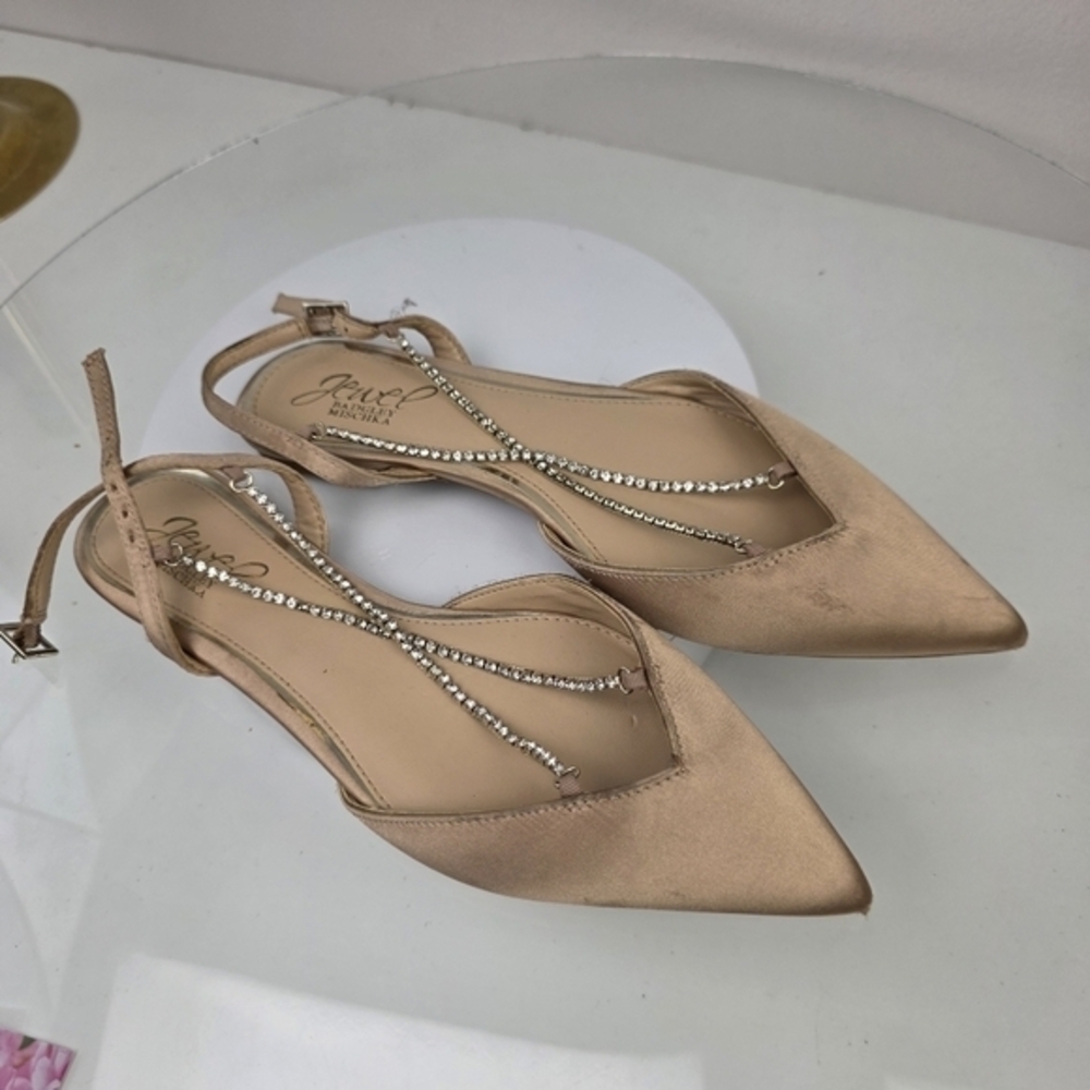 Jewel Badgley Mischka Flats 5.5 Champagne Satin Rhinestone Slingback Wedding